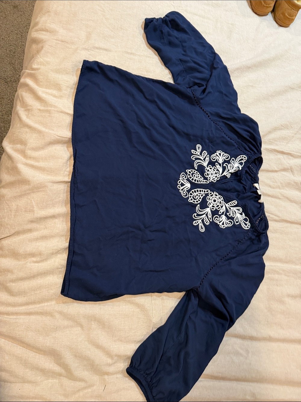 LOFT Navy Blue Embroidered V-Neck Tunic
